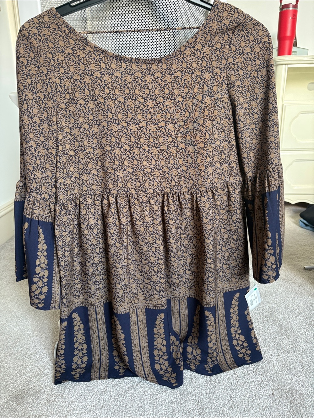 Boutique Floral Print Babydoll Dress in Brown and Navy